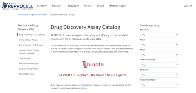 Drug Discovery Assay Catalog screen capture
