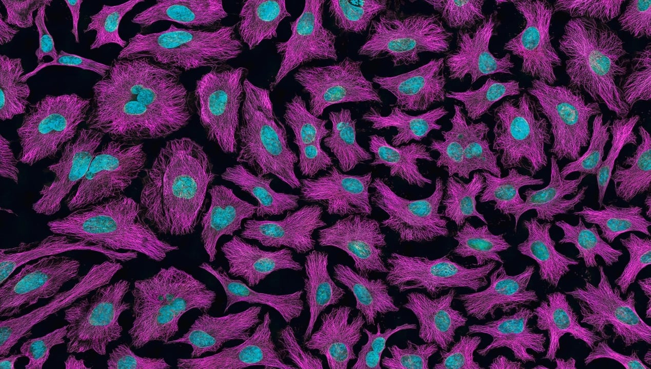 Fibroblast cells stained with purple and blue dye 