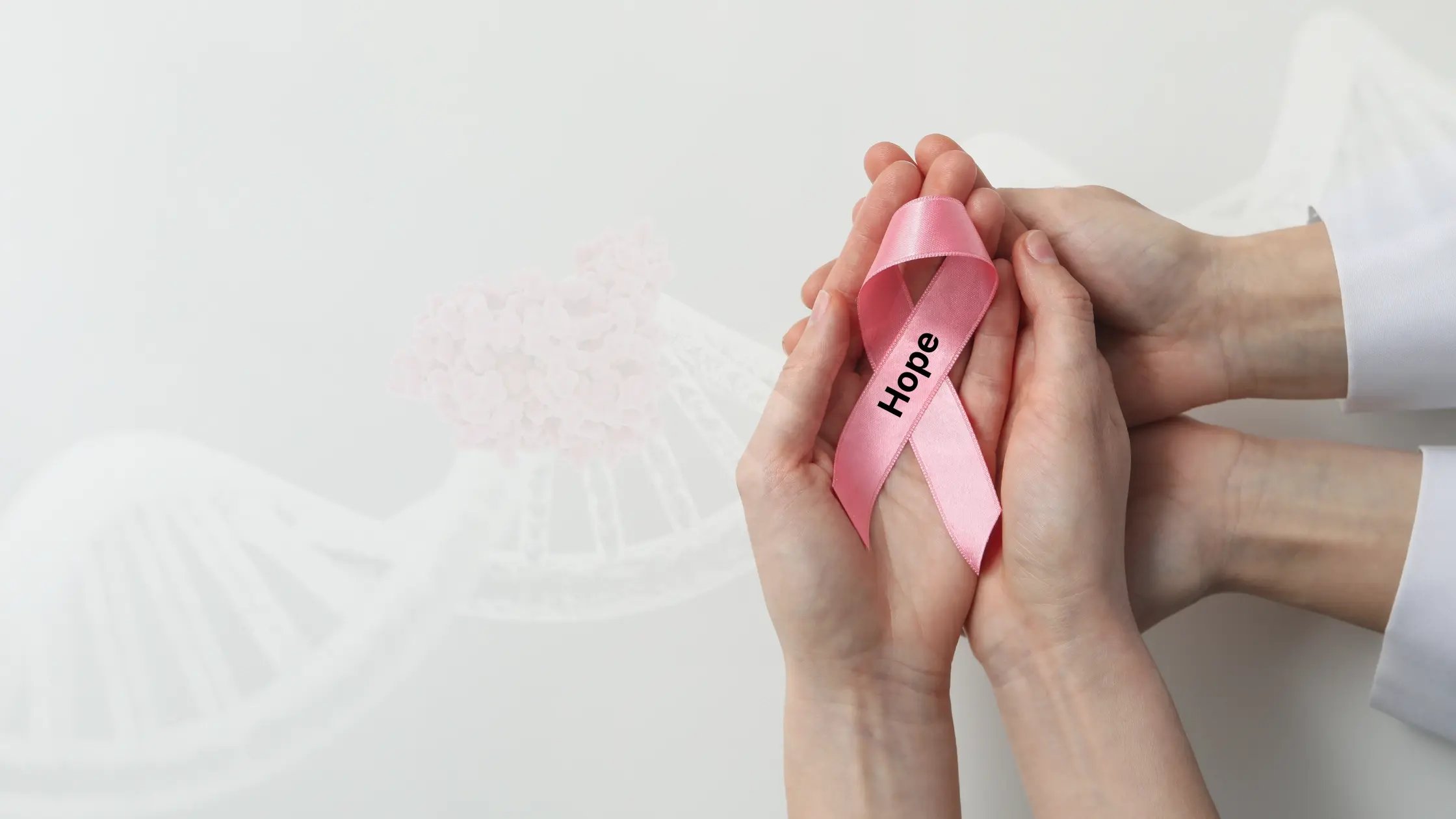 Neoantigen Detection Service - patient's hands holding a ribbon of hope, supported by a medical scientist's hands