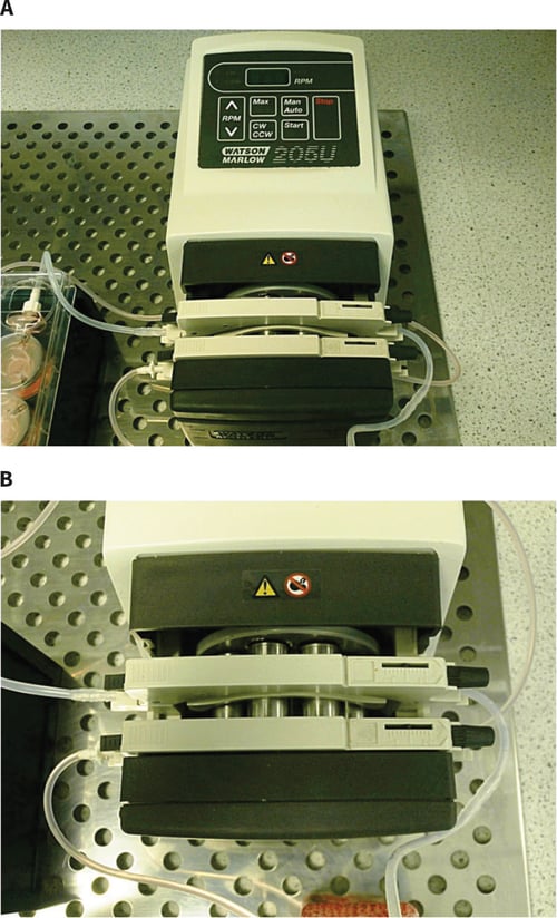 Photograph showing: A: Watson Marlow 205S/CA peristaltic pump with multichannel cassette; B: view of the multichannel cassette with connecting tubing and pump rollers.