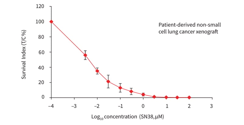 Plot showing a dose response curve for cell suspensions from a patient-derived non-small cell lung cancer xenograft, treated with SN38 (topoisomerase I inhibitor) in Alvetex Scaffold 96-well plates.