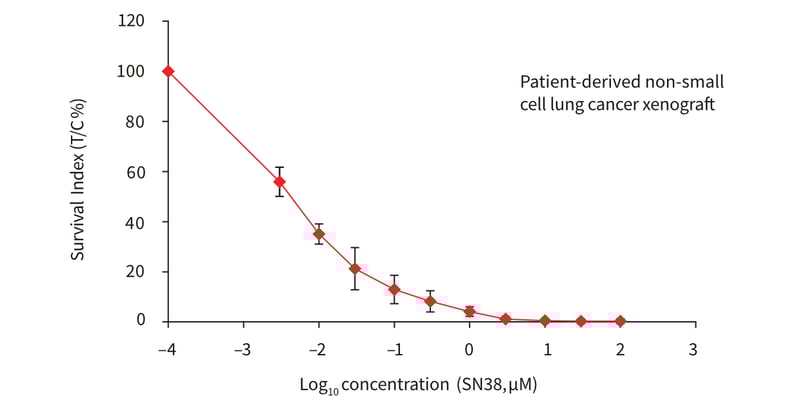 Plot showing a dose response curve for cell suspensions from a patient-derived non-small cell lung cancer xenograft, treated with SN38 (topoisomerase I inhibitor) in Alvetex Scaffold 96-well plates.