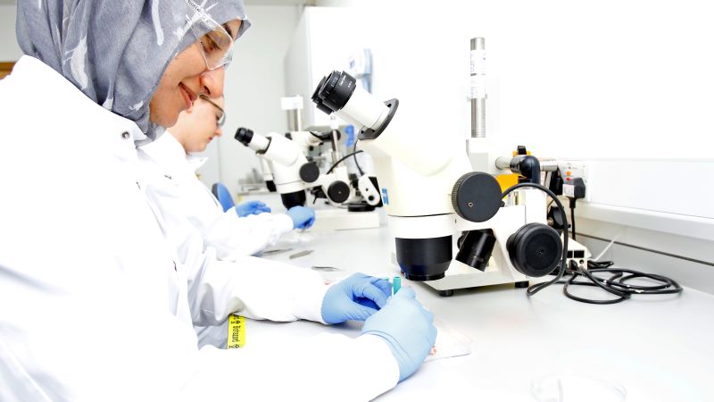 Cell scientist working at a microscope, REPROCELL
