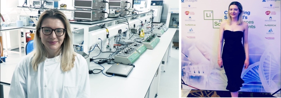 Two images of a female presenting person. one in a lab wearing a lab coat. The other wearing a dress