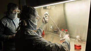 Image of two scientists wearing protective clothing working inside a fume hood in a dark lab